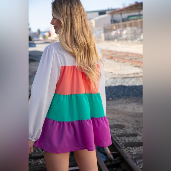 Ivory & Peach Woven Crepe Tiered Blouse - Picture 8 of 13